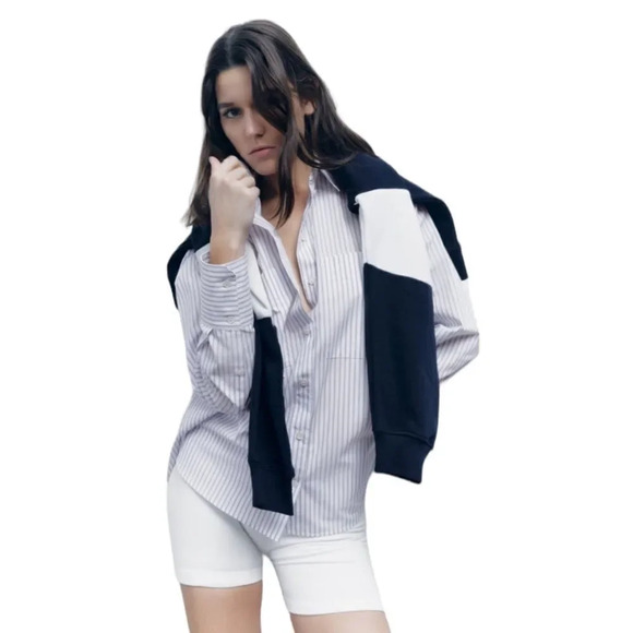 ZARA | White/Blue | STRIPED POPLIN SHIRT - Picture 7 of 12